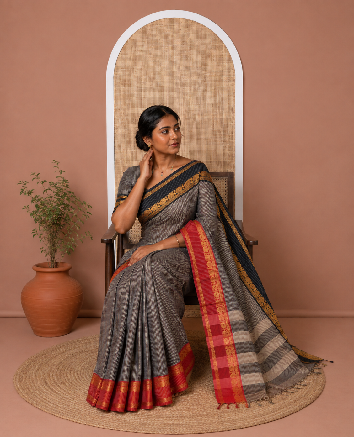 Dark Brown Checked Mercerised Cotton Saree, Contrast Ganga-Jamuna Traditional Border, and Matching Blouse