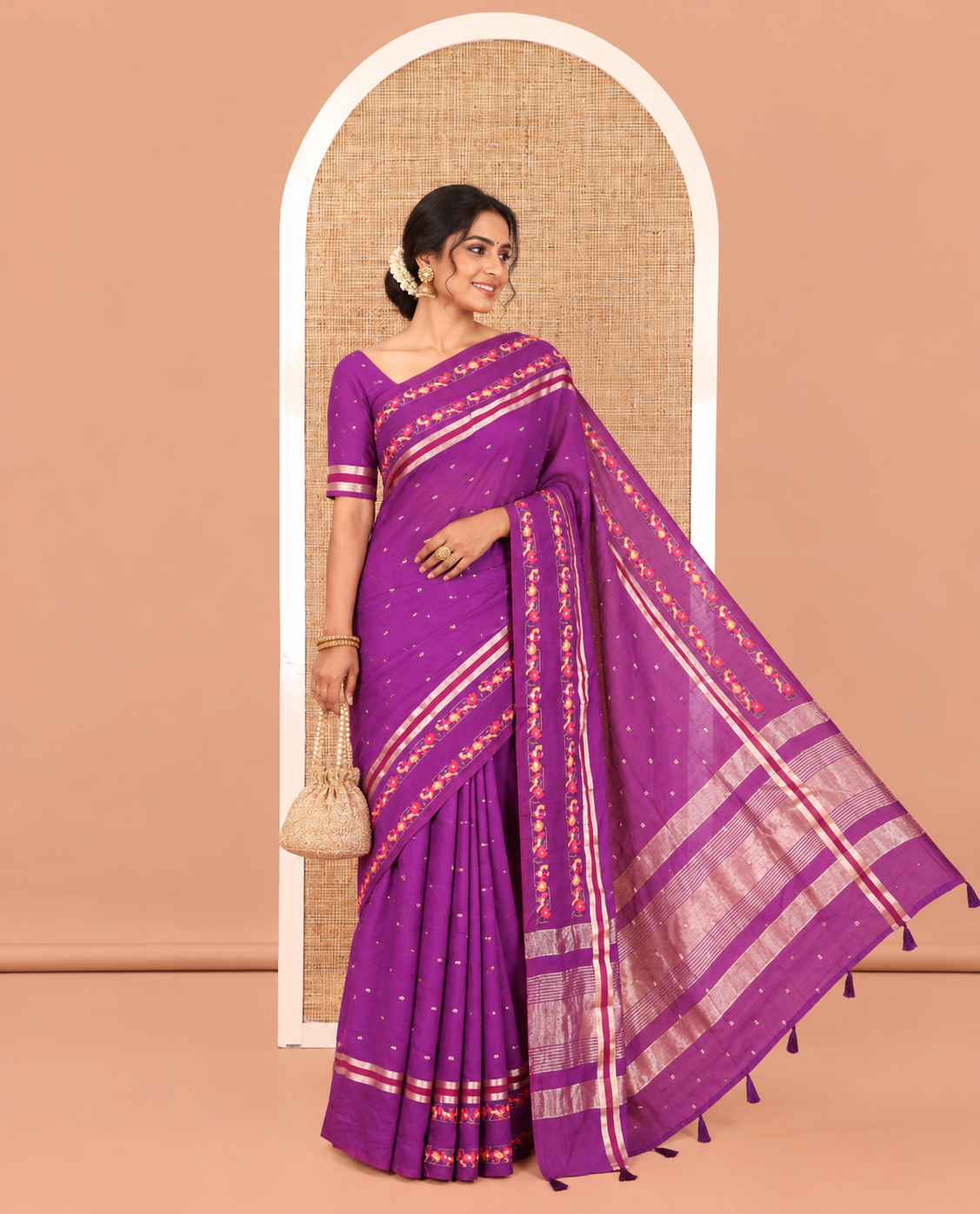 Purple Assam Silk Saree, Adorned with Buttas on Its Body, Highlighted by a Self-Border of Paithani-Style Floral-Bird Motifs, Zari Striped Pallu, and Paired with a Matching Blouse