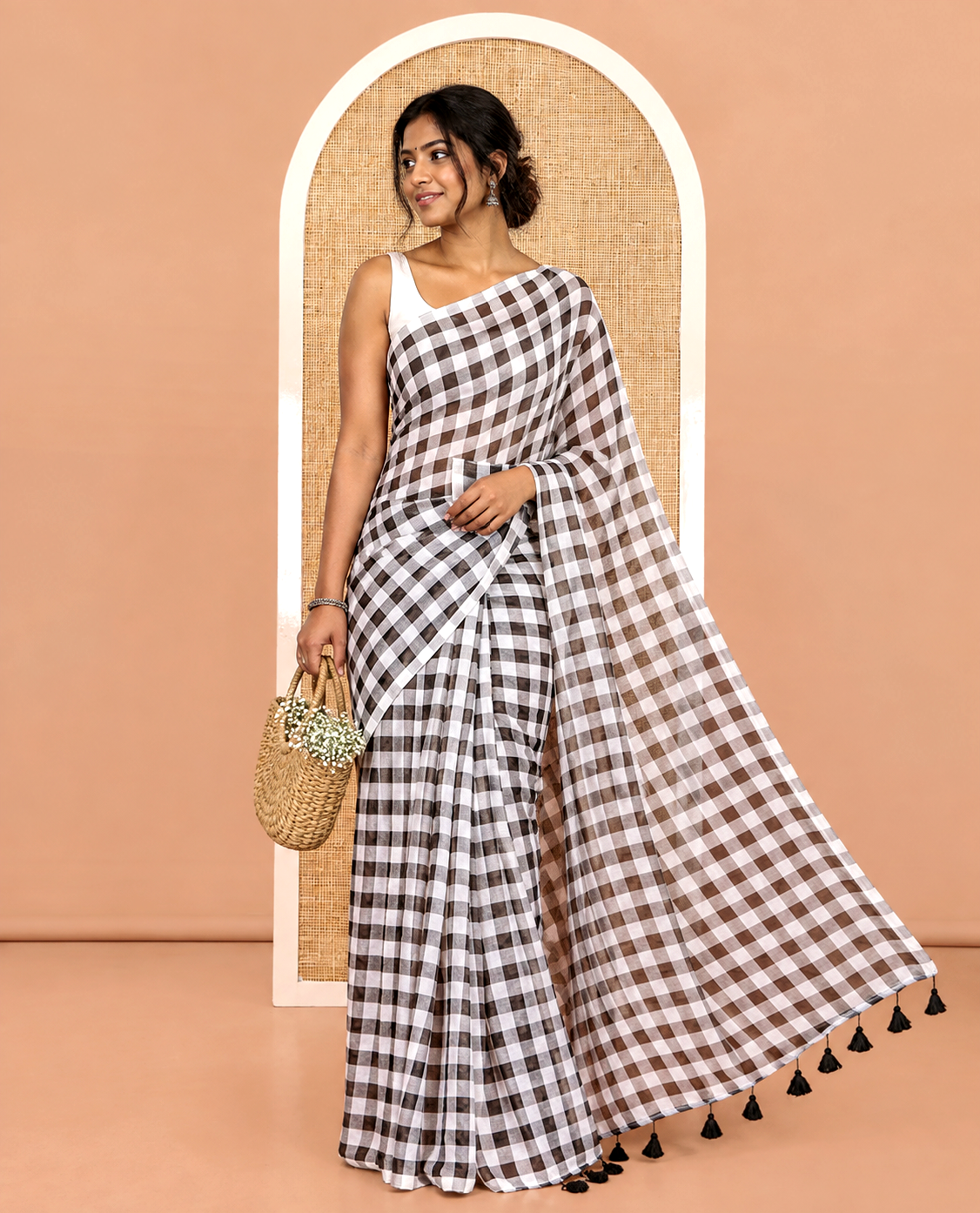 Borderless Black Khadi Mul Cotton Saree, Adorned with Micro-Checks and No Blouse