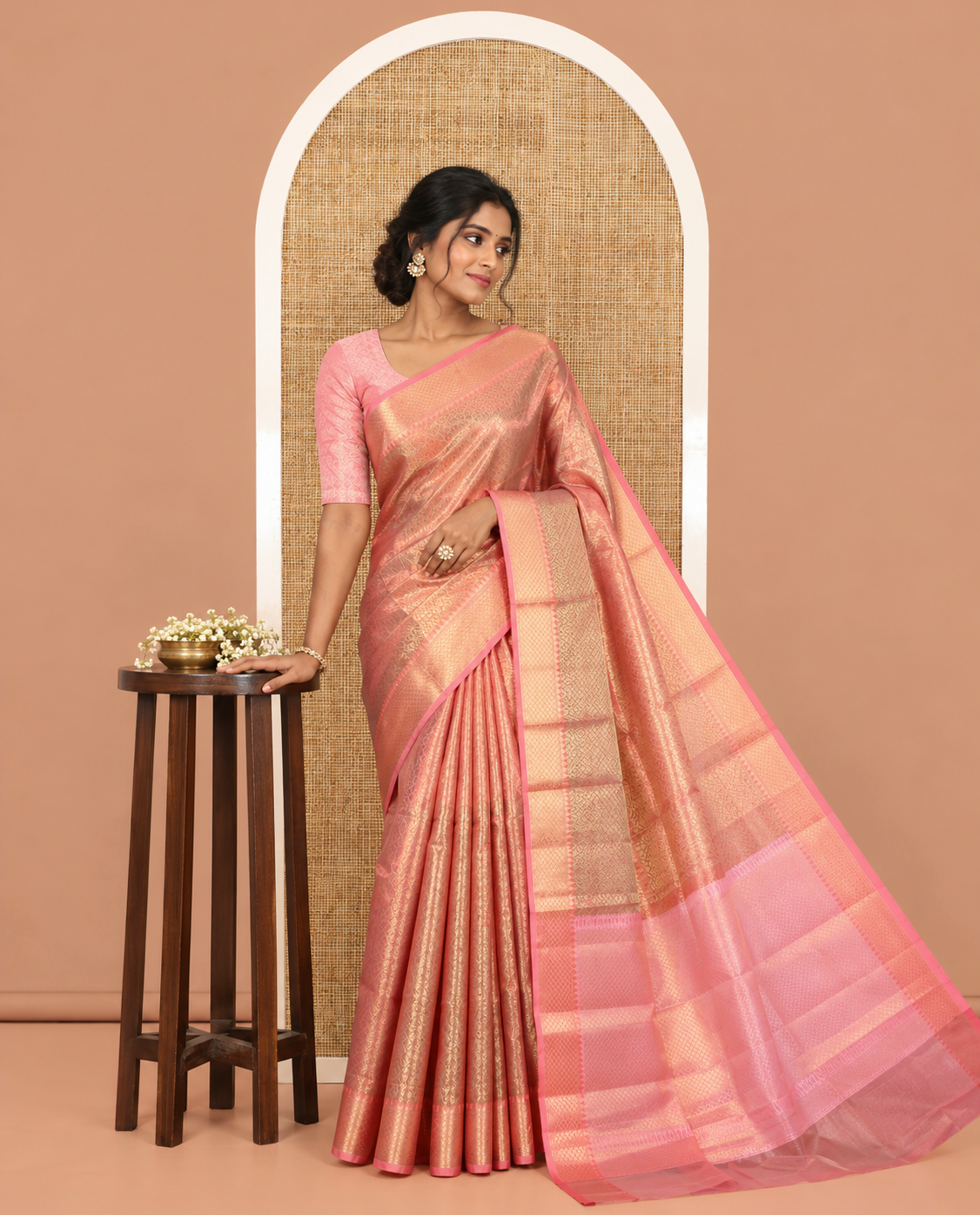 Rust Banaras Katan Silk Saree, Adorned with Brocade Design on Its Body, Complemented by a Contrast Traditional Zari Design Border, Grand Jaal Pallu, and Paired with a Contrast Blouse