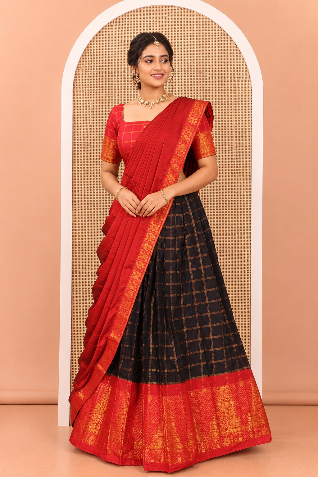 Black-Red Sungudi Cotton Half-Saree Features Checked Skirt, Contrast Gopuram Border, Contrast Blouse, and Zari-Bordered Syska Georgette Dhavani