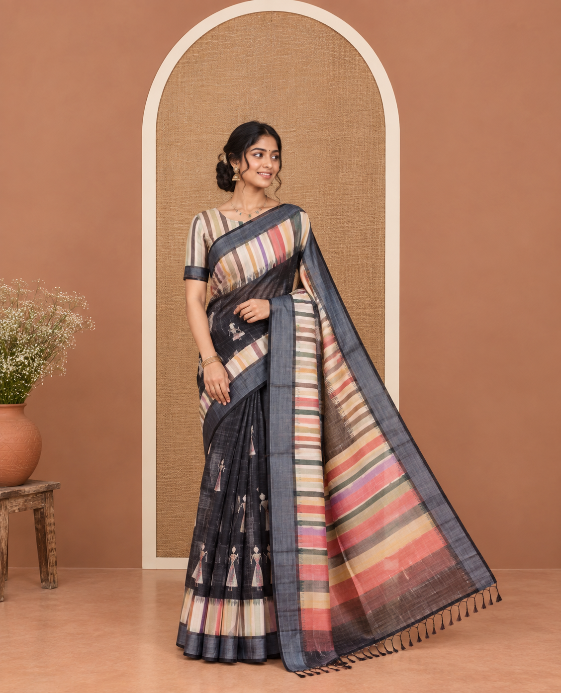 Black Linen Cotton Saree, Creatively Printed with Chess Coin Motifs on Its Body, Highlighted by a Zari Border of Multi-Color Stripes, Pallu Steeped with Multi-Color Stripes, and Paired with a Contrast Blouse