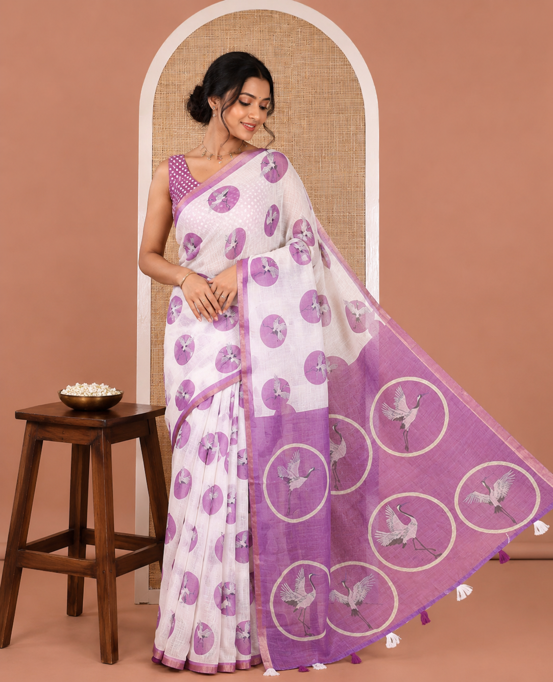 White-Lavender Linen Cotton Saree, Steeped with Polka Dot Enclosed Crane Motifs on Its Body, Subtle Piping Border, Pallu Pictures Polka Dot Enclosed Crane Motifs, and Paired with a Matching Blouse