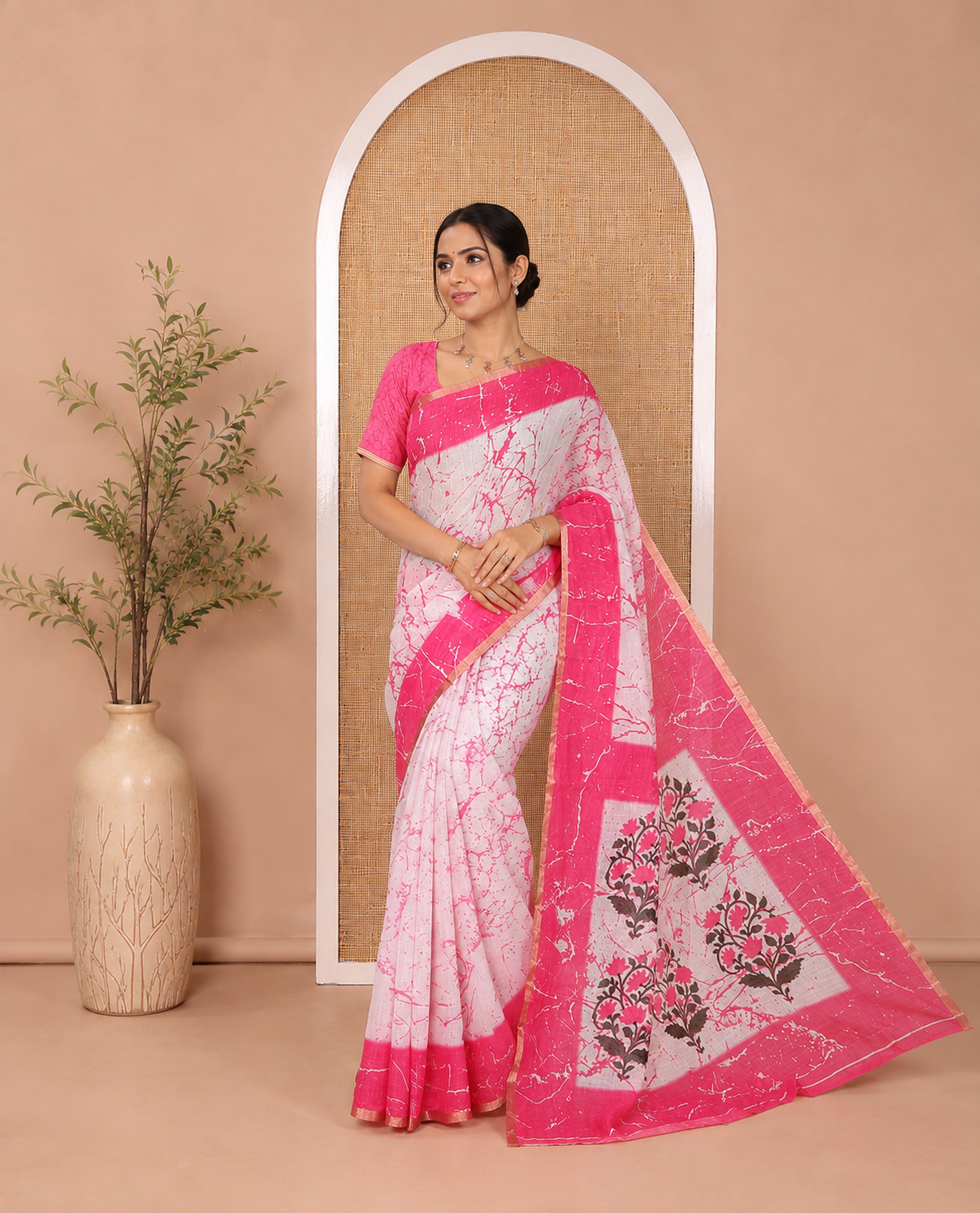 Cream and Pink Linen Cotton Saree, Decorated with Batik Print on Its Body, Complemented by Contrast Batik Printed Border, Pallu of Floral Print, and Paired with a Contrast Blouse