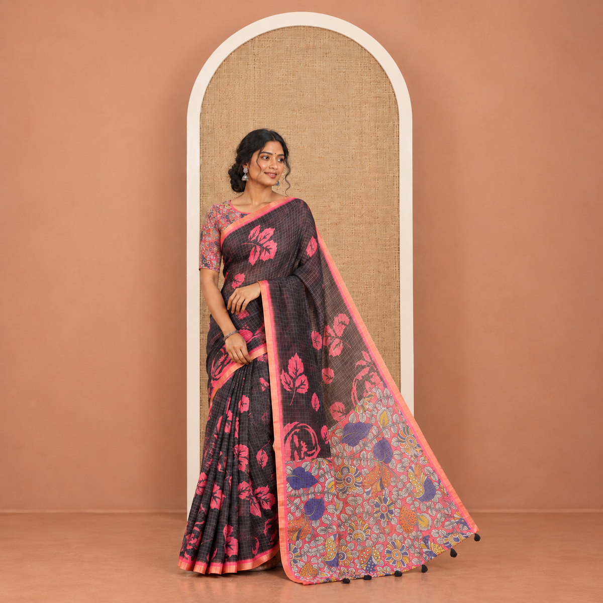 Black and Rani Pink Linen Cotton Saree, Elevated with Floral Motifs and Checked Design on Its Body, Complemented by a Contrast Border, Pallu of Kalamkari Floral and Peacock Design, and Paired with a Contrast Blouse