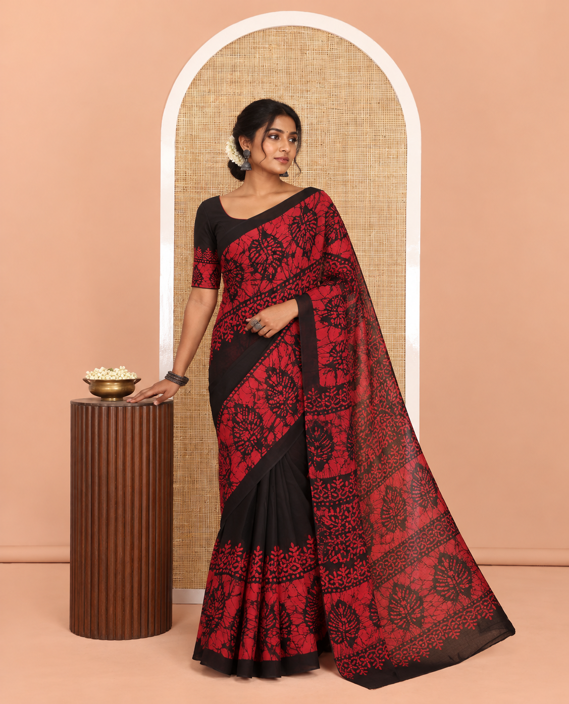 Black-Red Plain 60gm Georgette Saree, Double-Sided Batik Printed Border, Batik Printed Pallu, and a Matching Blouse