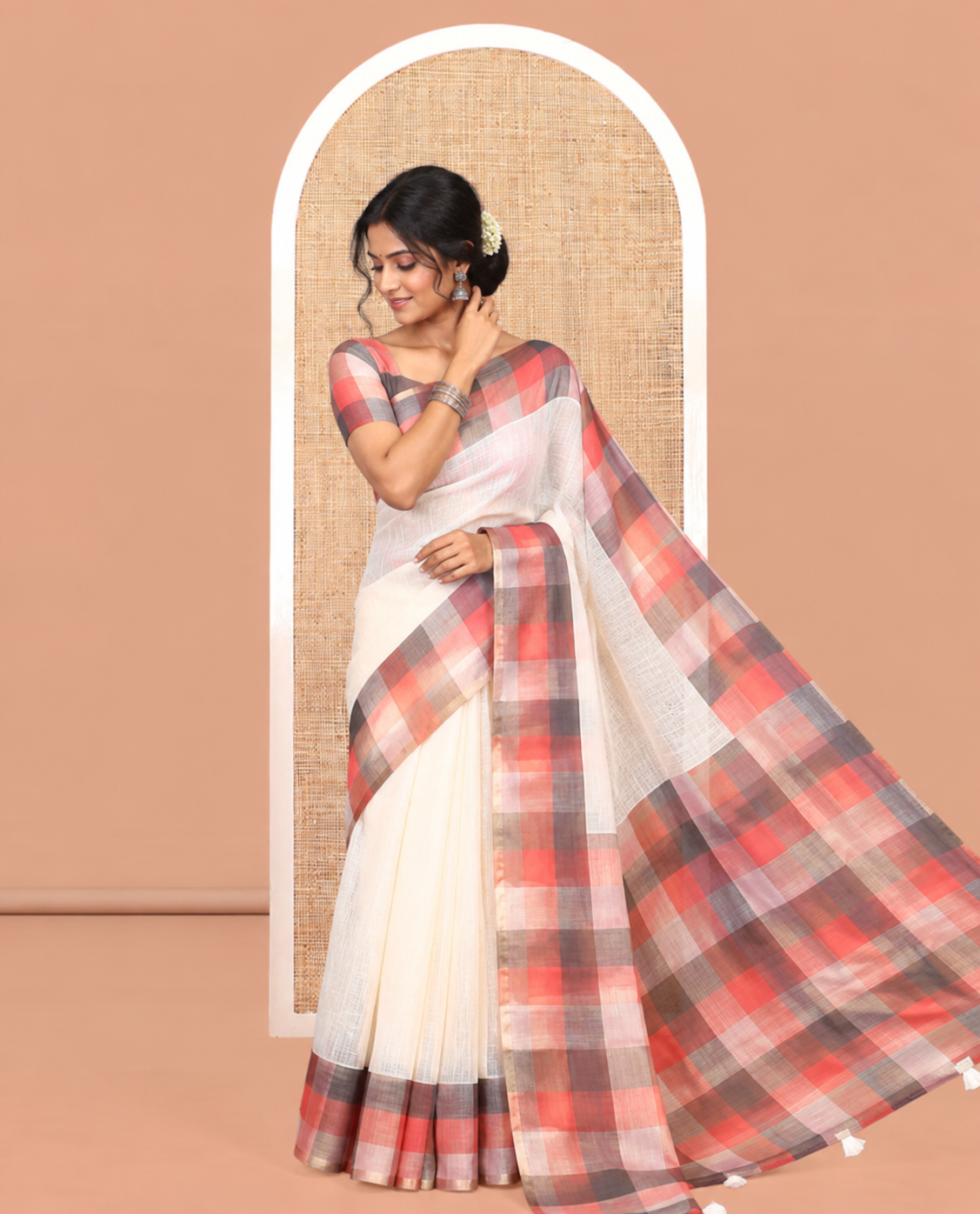 Cream-Rust Plain Handloom Cotton Saree, a Contrast Checked Border, Checked Pallu, and a Contrast Blouse