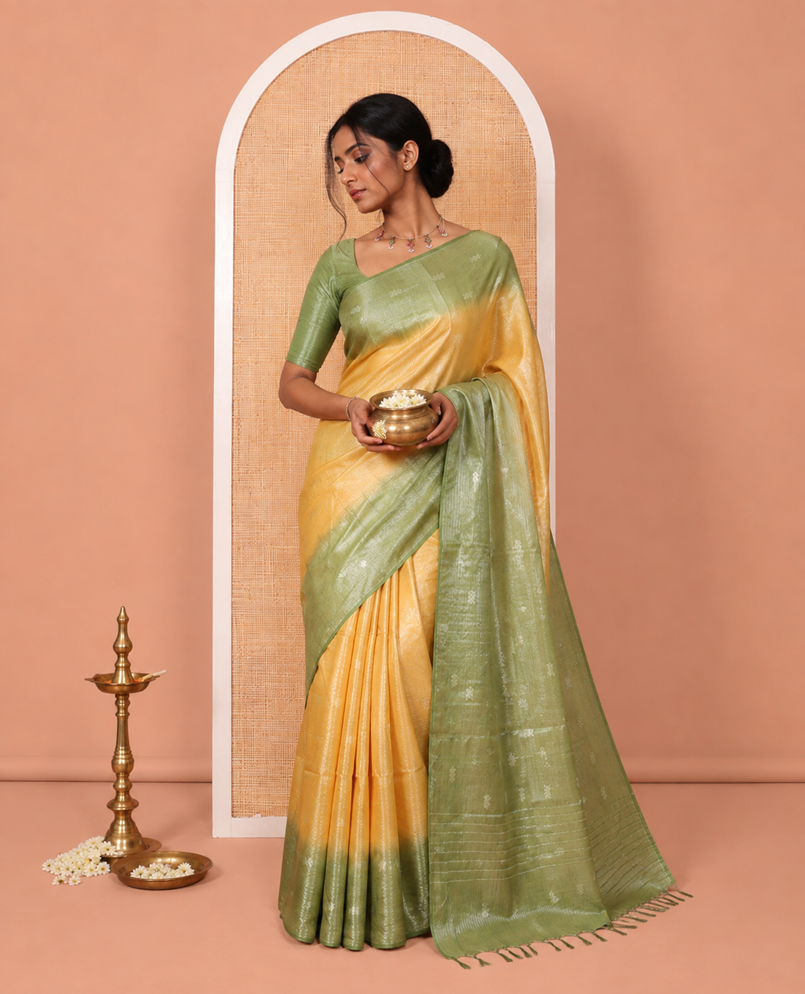 Mustard Buttas Bhagalpur Cotton Saree, Contrast Buttas Border, and a Contrast Blouse