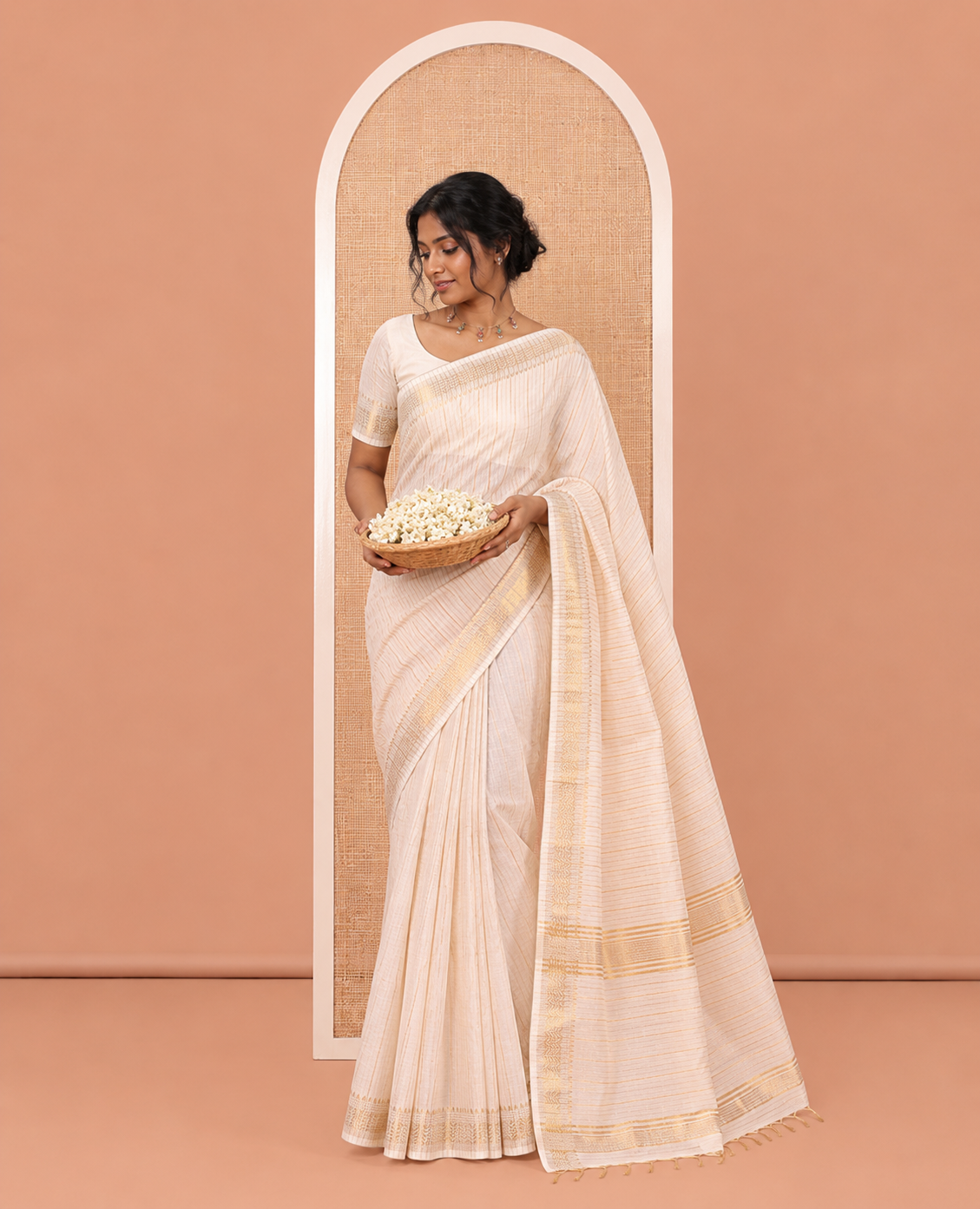 Cream Bhagalpur Cotton Saree, Steeped with Butta Enclosed Checks, a Zari Border, Self-Pallu, and a Matching Blouse