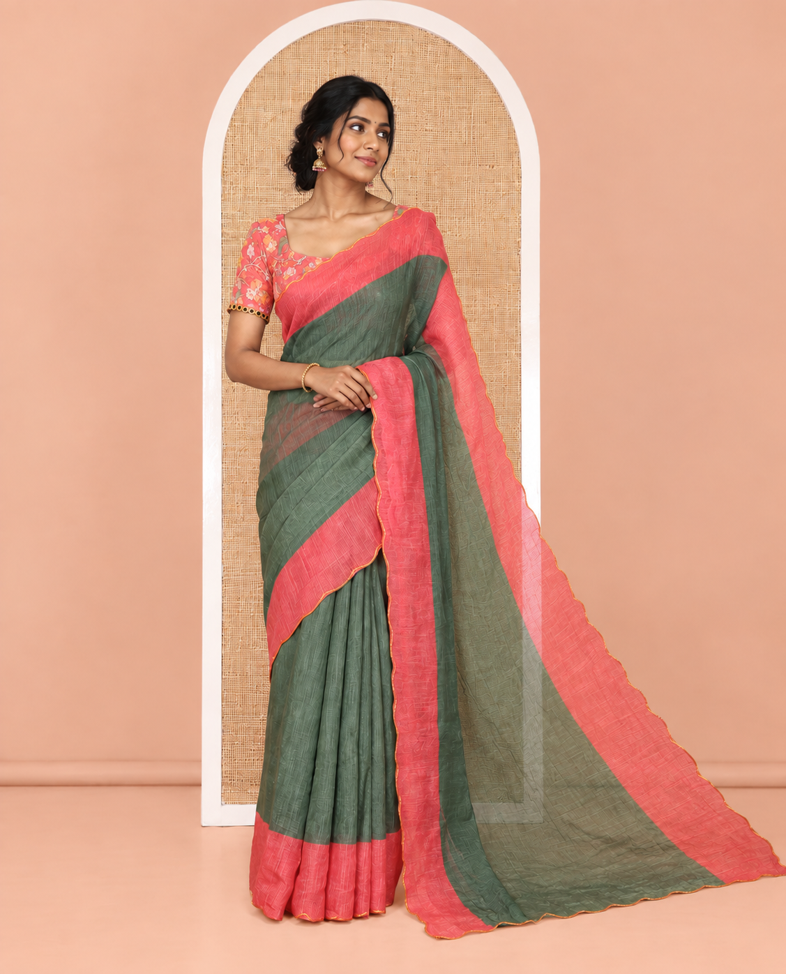 Green Plain Linen Cotton Saree, Contrast Plain Scallop Border, a Self-Pallu, and Contrast Kalamkari Printed Blouse