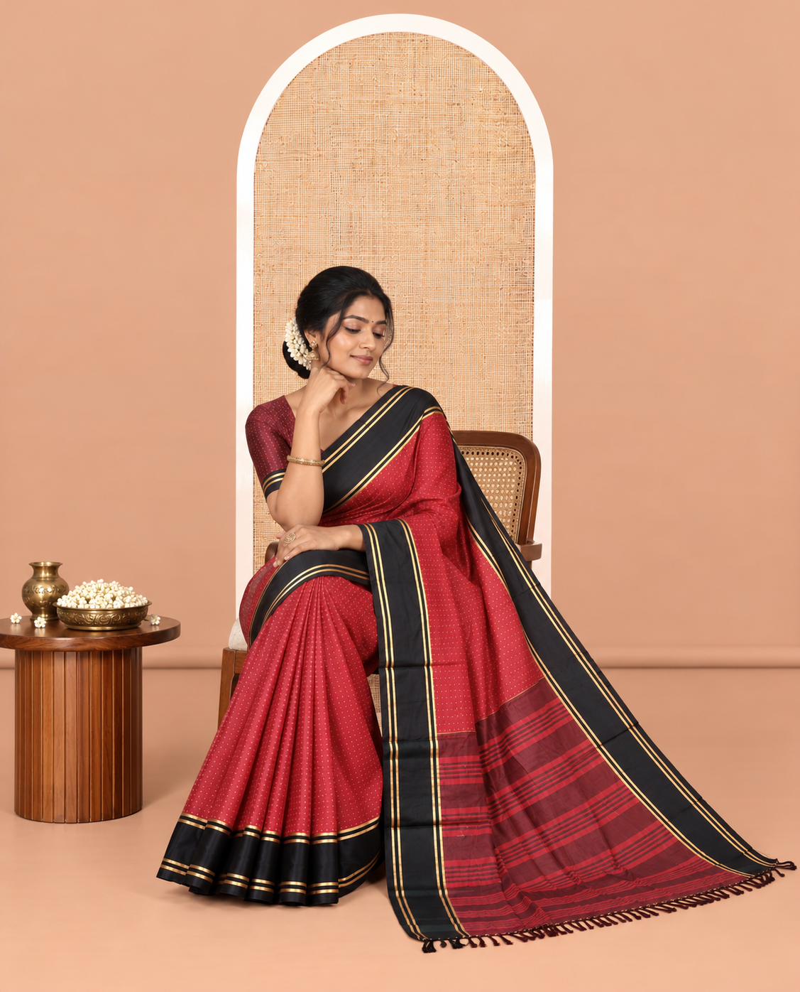 Maroon Semi-Soft Silk Saree Steeped with Plus-Shaped Buttas, Contrast Border, and a Matching Blouse