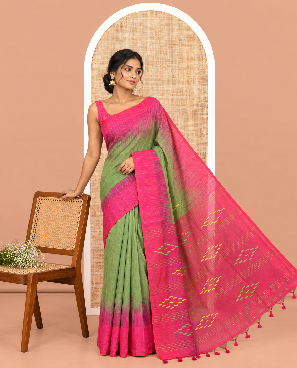Olive Green-Pink Khadi Cotton Saree, Subtly Woven with Buttas, Contrast Sequins Striped Blouse, Contrast Blouse