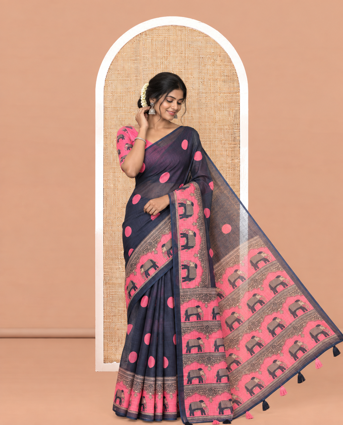 Black Linen Cotton Saree Features Polka Dots, a Contrast One-sided Elephant Motif Border, Elephant Motif Pallu, Contrast Blouse