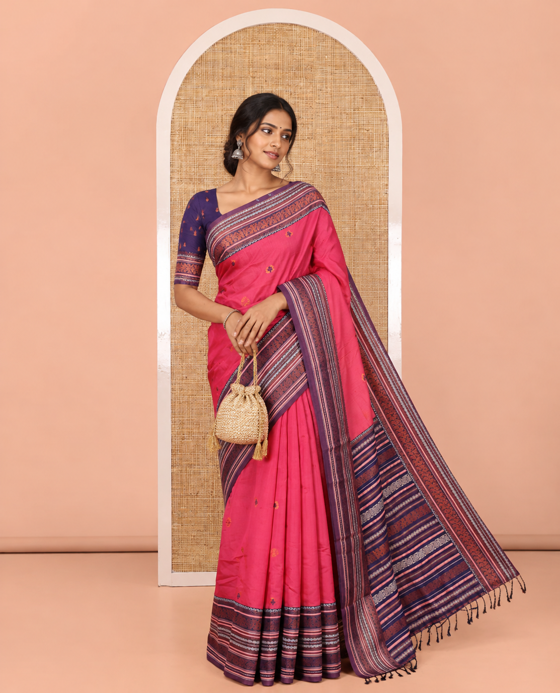 Pink Litchi Chettinad Cotton Saree Features Buttas, Contrast Traditional Border, Grand Pallu, Contrast Blouse