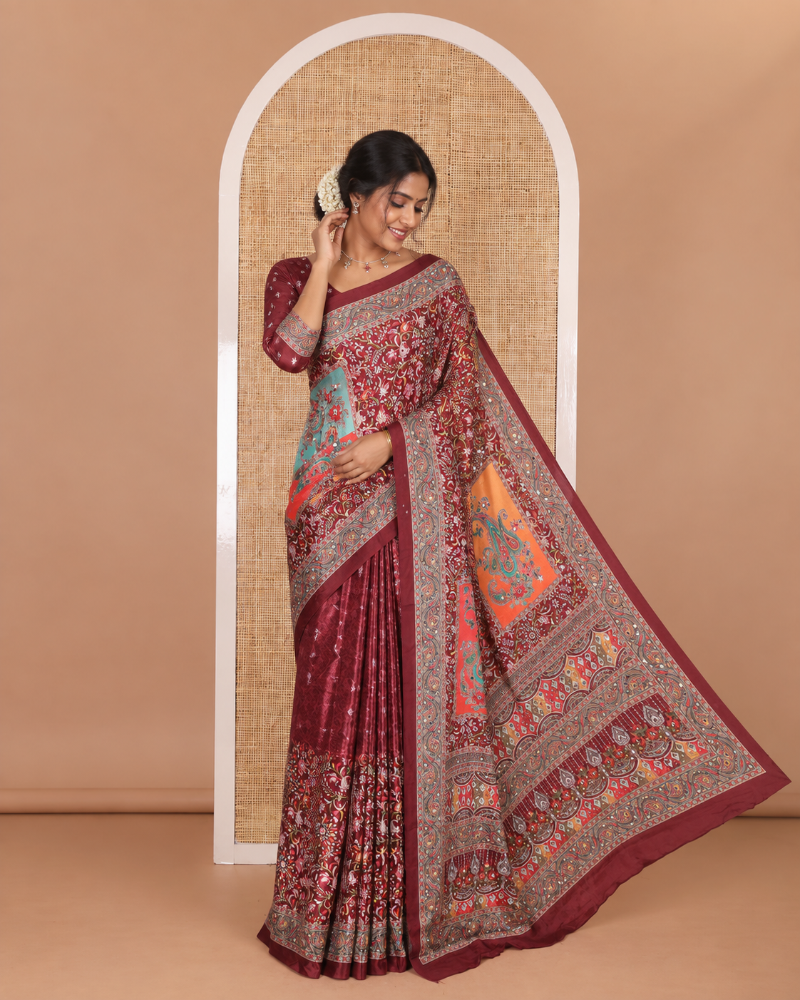 Maroon floral-paisleys printed and mirror work masakali saree, printed border, printed and mirror work pallu, and a matching printed blouse