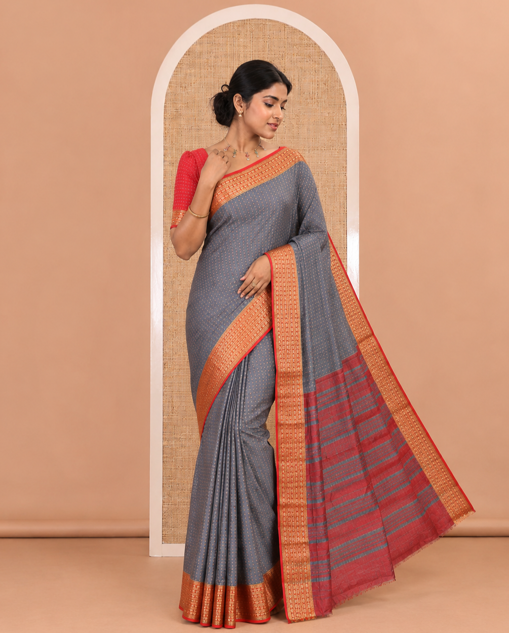 Grey thread butta all over body semi soft silk , contrast traditional border , contrast lining chit pallu