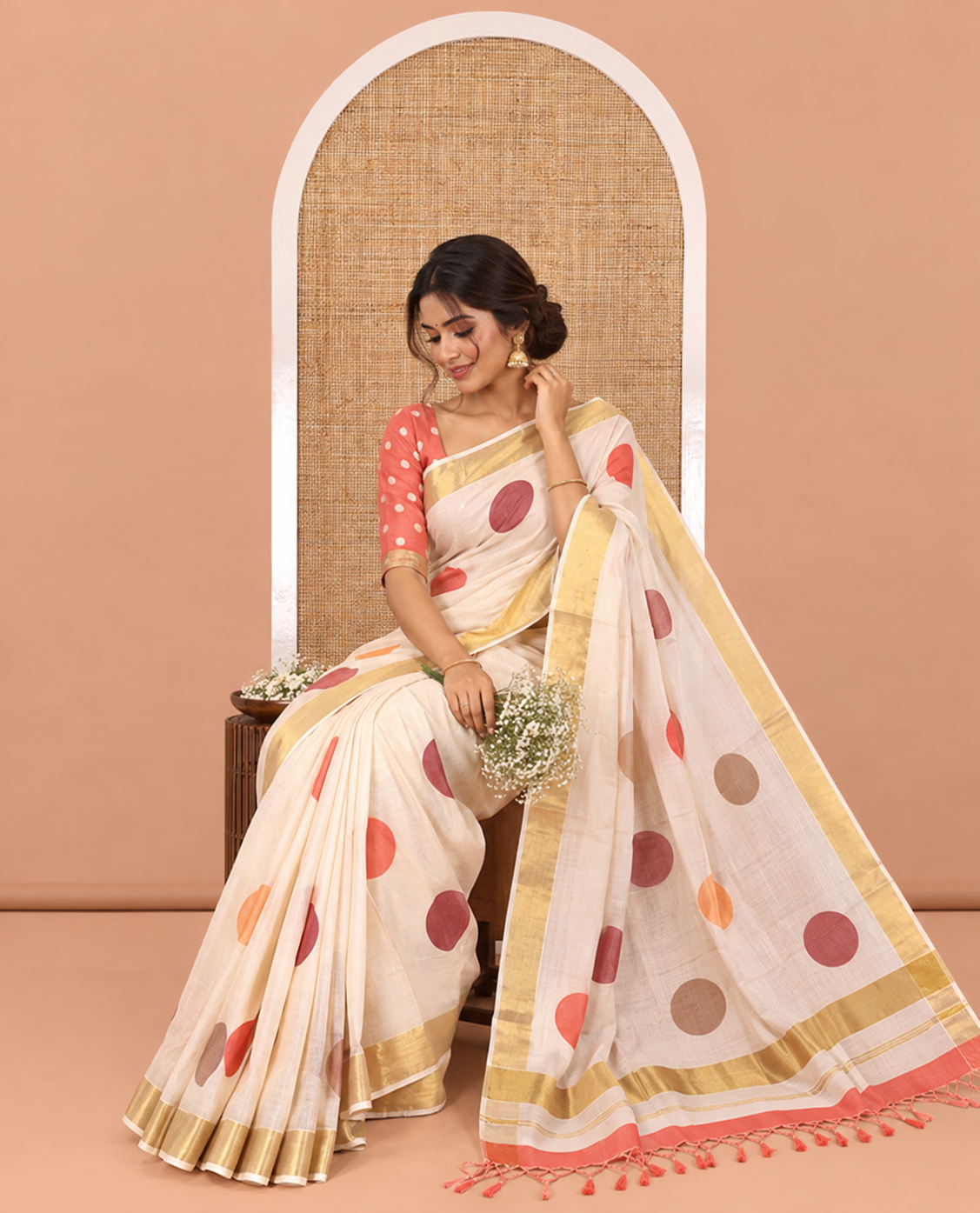 Cream Kerala Cotton Saree, Steeped with Multi-Color Polka Dots, a Zari Border, a Contrast Blouse