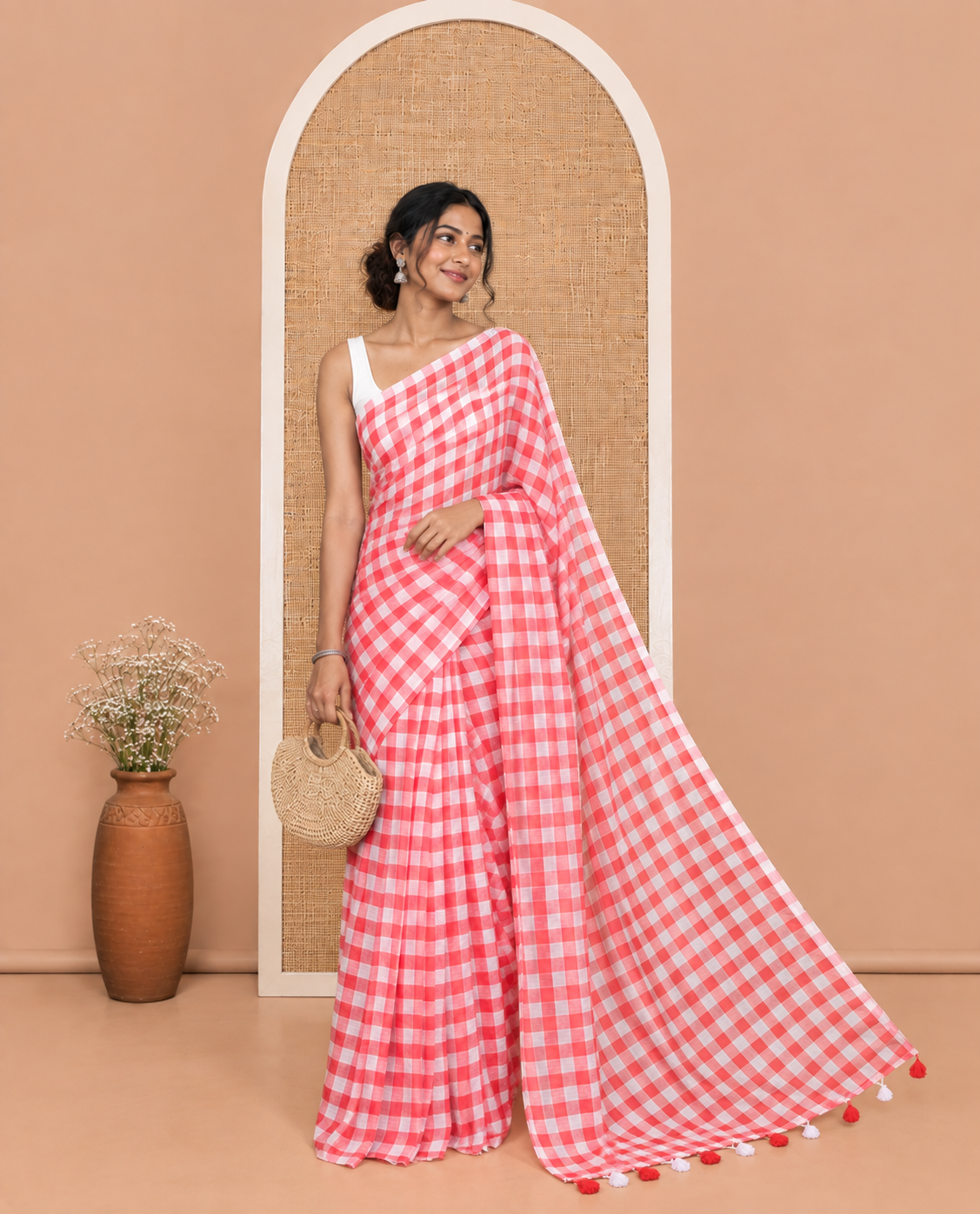 Borderless Red Khadi Mul Cotton Saree, Adorned with Micro-Checks and No Blouse