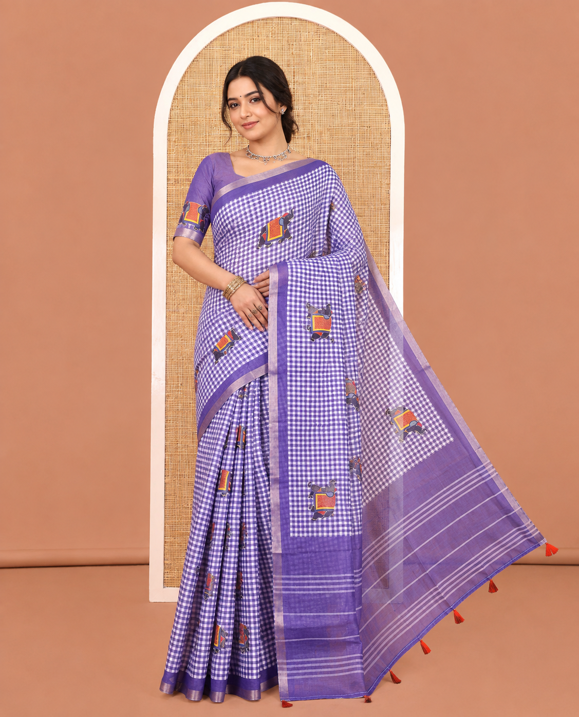 Lavender Linen Cotton Saree, Bedecked with Micro-Checks and Elephant Motifs on Its Body, Complemented by a Contrast Border, Striped Pallu, and Paired with a Contrast Elephant Motifs Printed Blouse