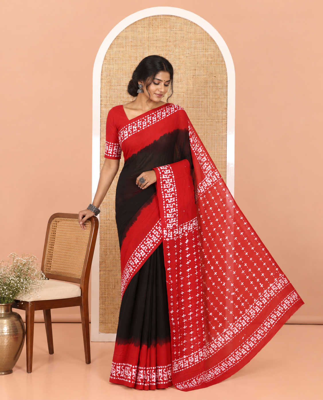 Black-Red Plain 60gm Georgette Saree, Contrast Batik Printed Border, Batik Printed Pallu, and a Matching Blouse