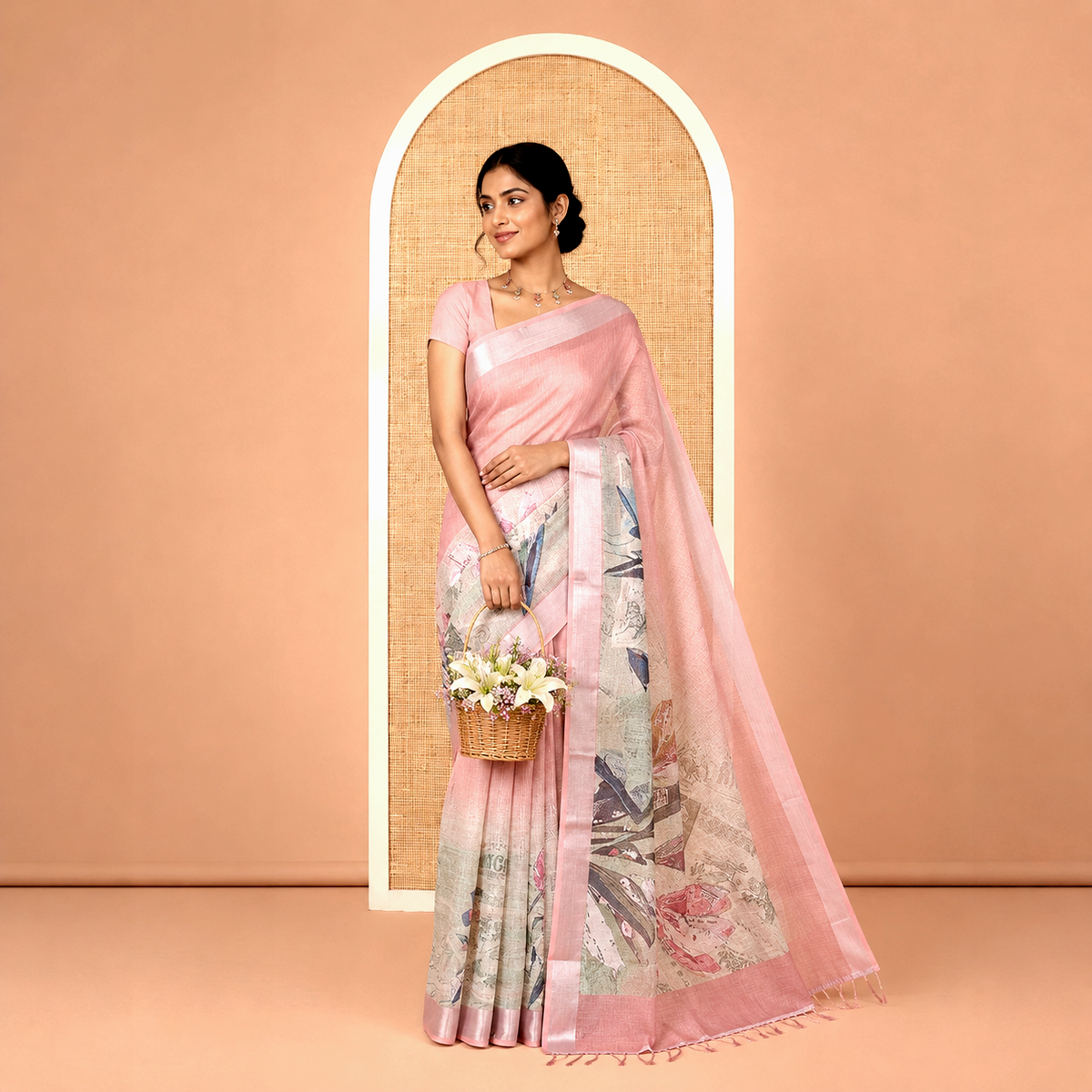 Green-Dusky Pink Linen Cotton Saree Features Tropical Floral, and Newspaper Print, a Zari Border, and a Matching Blouse