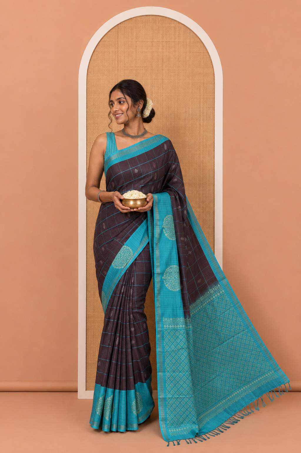Black Katan Silk Saree, Accentuated with Butta Enclosed Checks on Its Body, Complemented by a Contrast Border of Tree Motifs, Jaal Pallu, and Paired with a Contrast Blouse