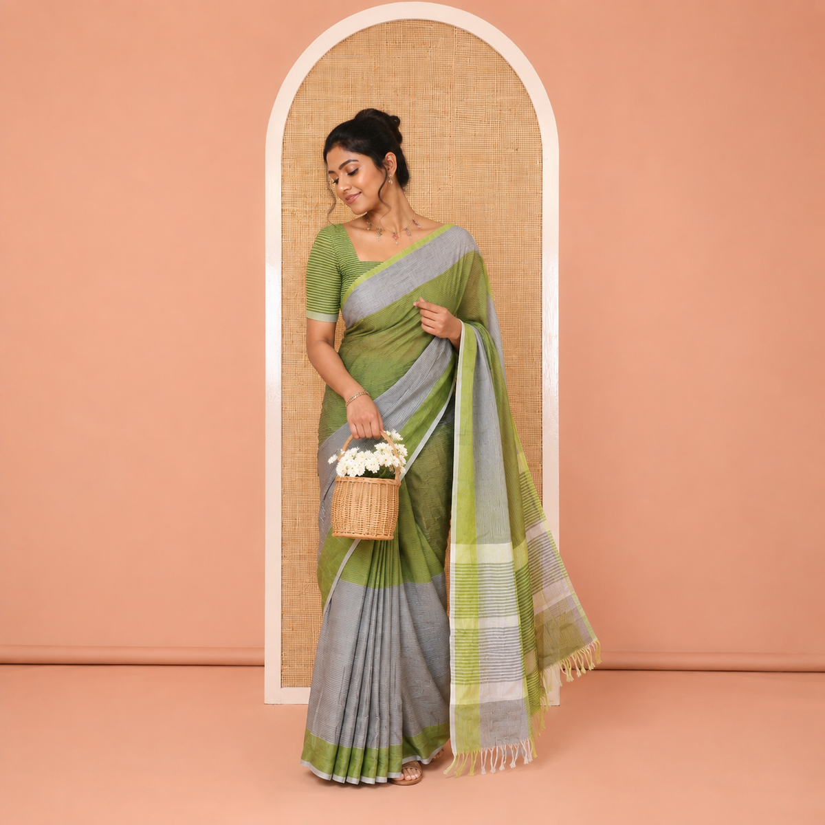 Grey-Mehendi Chettinad Cotton Saree Features Half-And-Half-Style Horizontal Stripes, a Contrast Border, and No Blouse