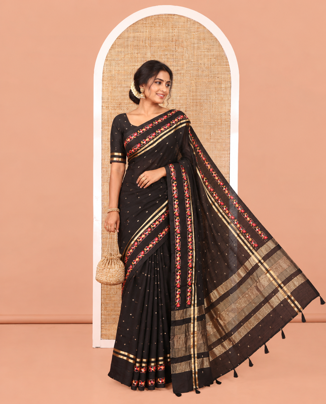 Black Assam Silk Saree, Adorned with Buttas on Its Body, Highlighted by a Self-Border of Paithani-Style Floral-Bird Motifs, Zari Striped Pallu, and Paired with a Matching Blouse