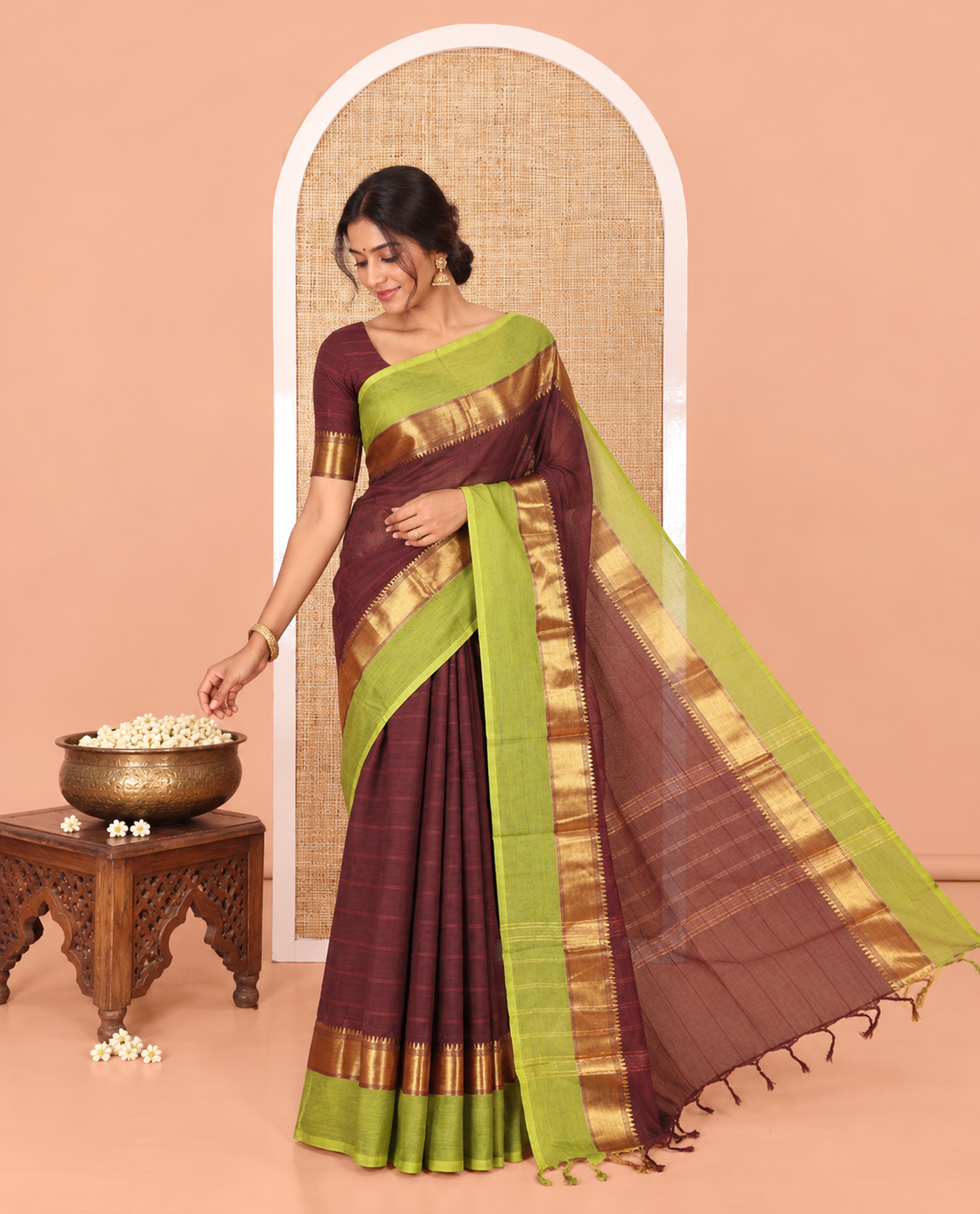 Coffee Brown Striped Chettinad Cotton Saree, Complemented by a Contrast Kal Eragina Traditional Zari Design Border, Gleaming Zari Striped Pallu, and Paired with a Matching Blouse