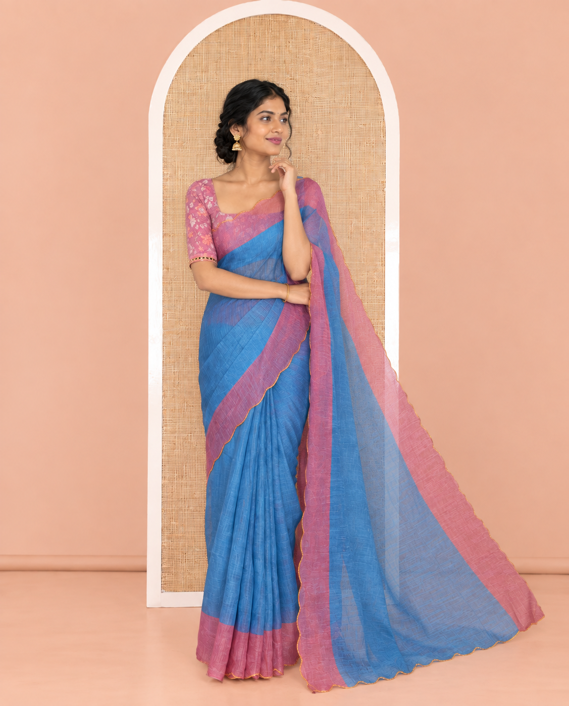 Dusky Blue Plain Linen Cotton Saree, Contrast Plain Scallop Border, a Self-Pallu, and Contrast Kalamkari Printed Blouse