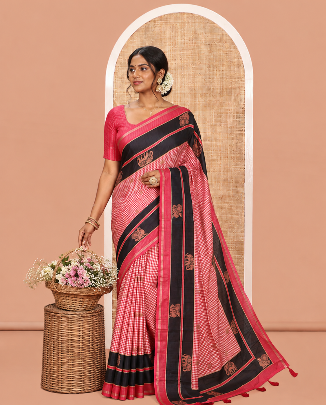 Pink Semi-Raw Silk Saree Features Buttas and Micro-Checks, Contrast Peacock-Elephant Border, Contrast Blouse