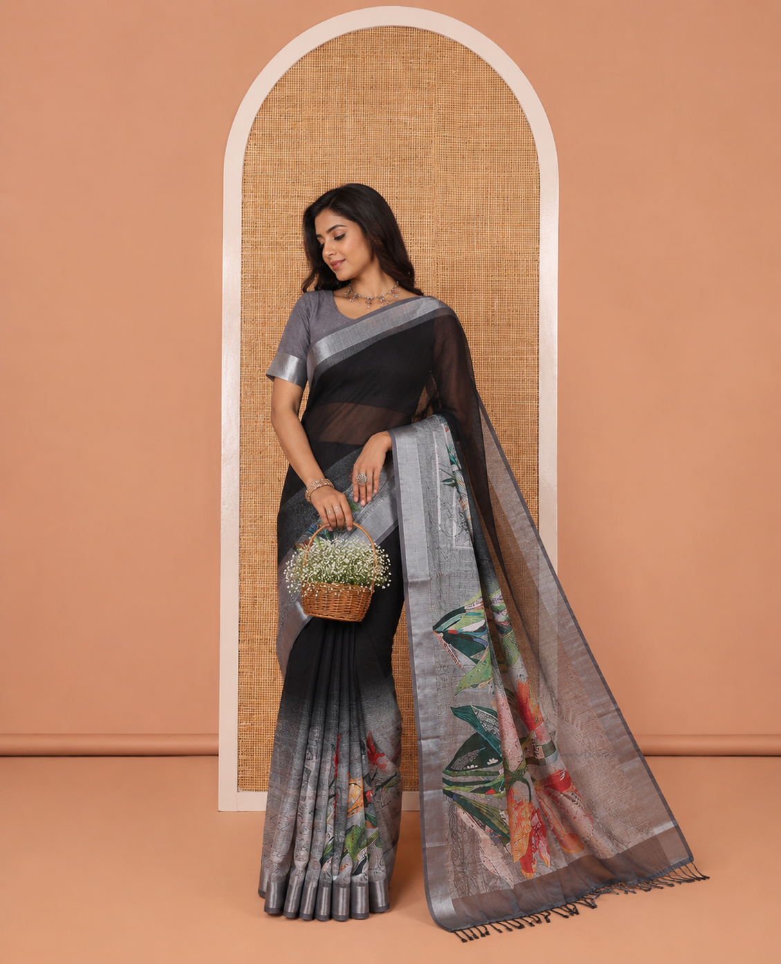 White-Black Linen Cotton Saree Features Tropical Floral, and Newspaper Print, a Zari Border, and a Matching Blouse