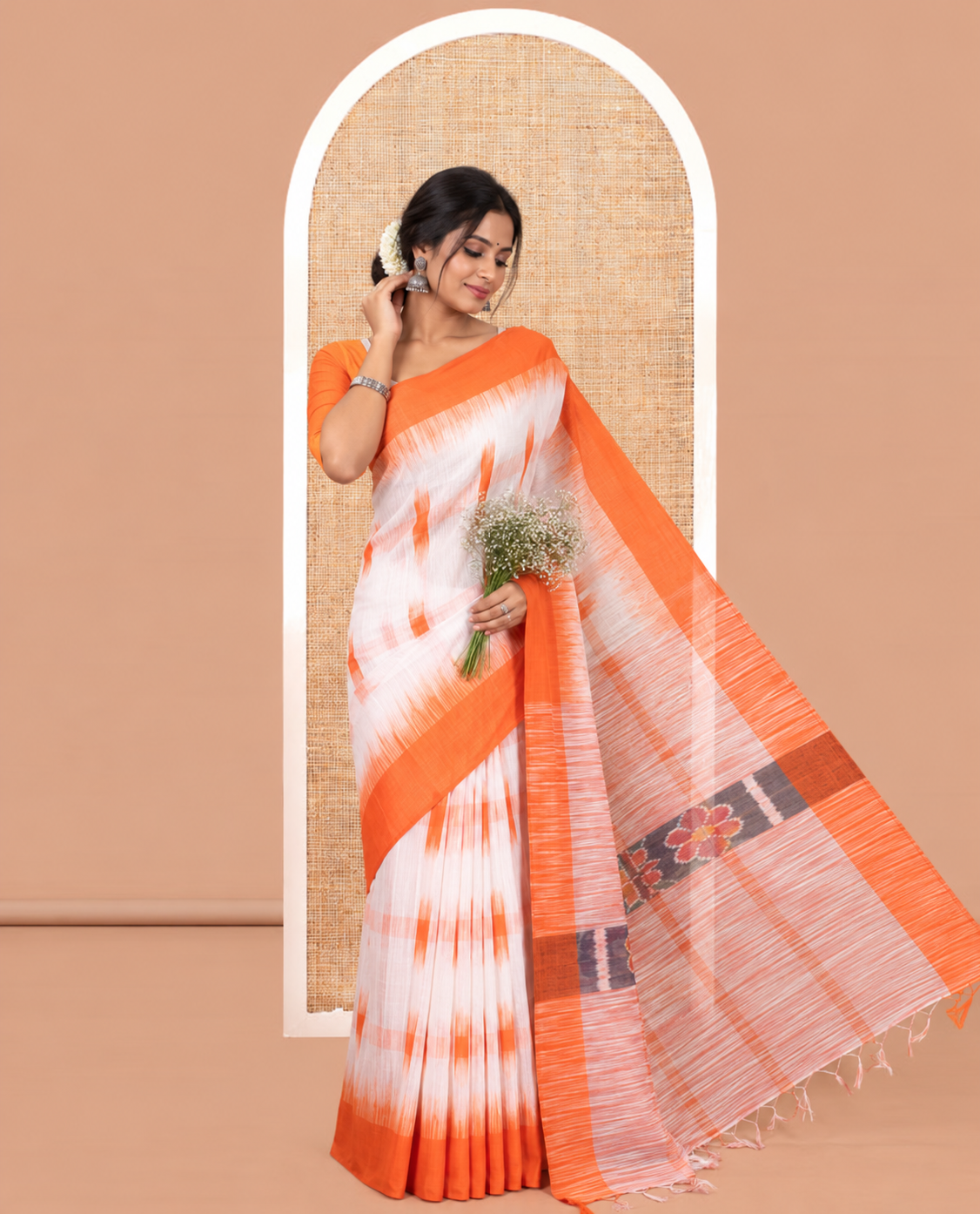 White-Orange Khadi Cotton Saree, Woven with Ikat Buttas, Contrast Blouse, Ikat Pallu, Matching Blouse