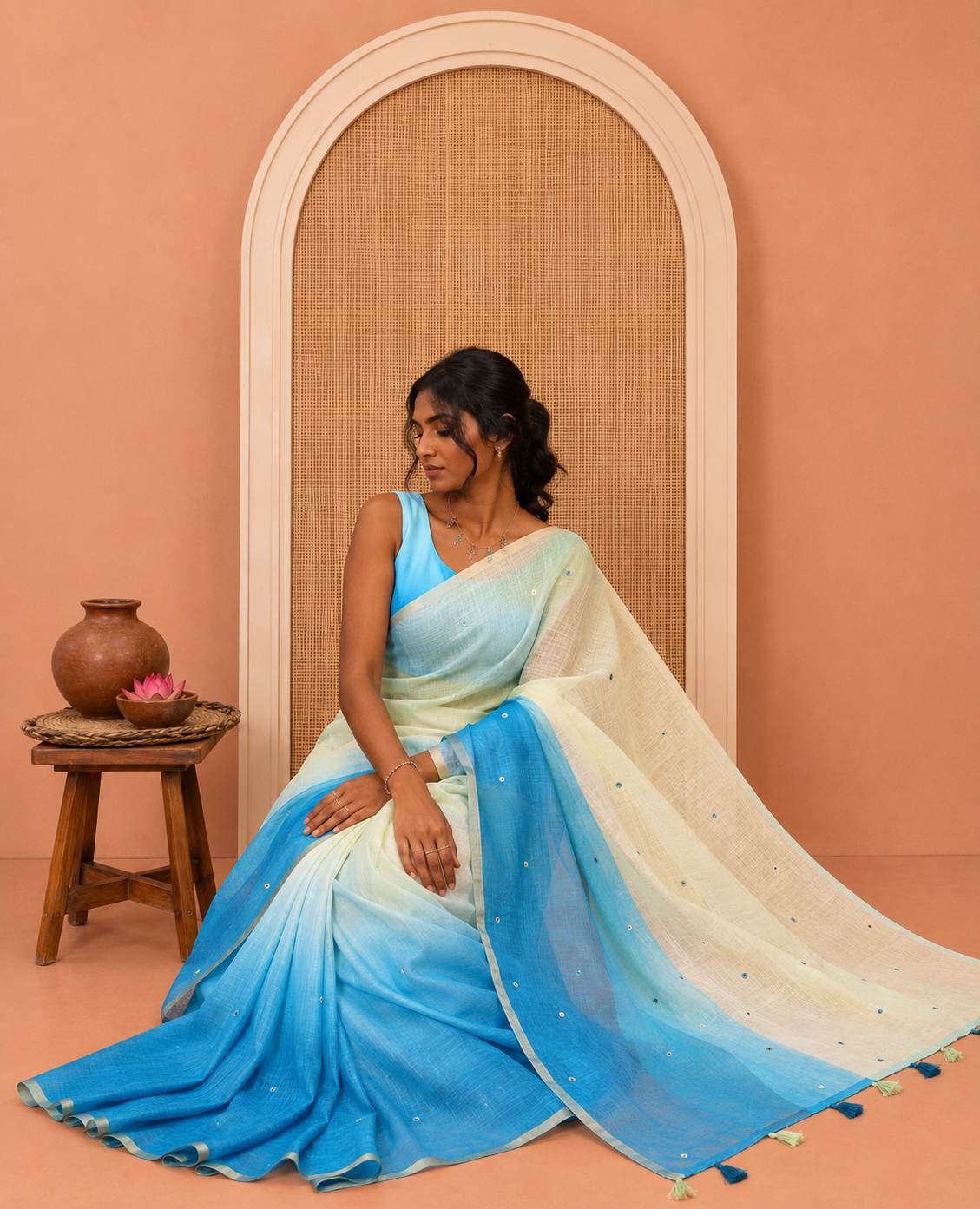 Blue Linen Cotton Saree Features Ombre-Style Dyed and Mirrorwork, a Subtle Piping Border, and a Matching Blouse
