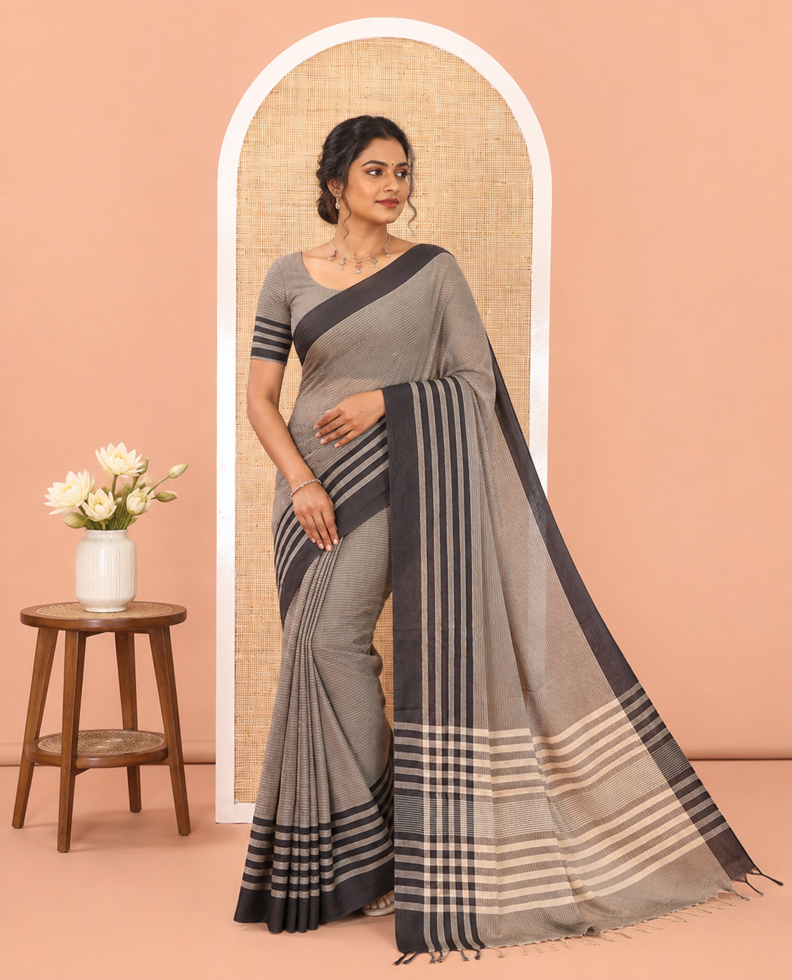 Grey Striped Chettinad Cotton Saree, a Contrast Striped Border, and a Matching Blouse