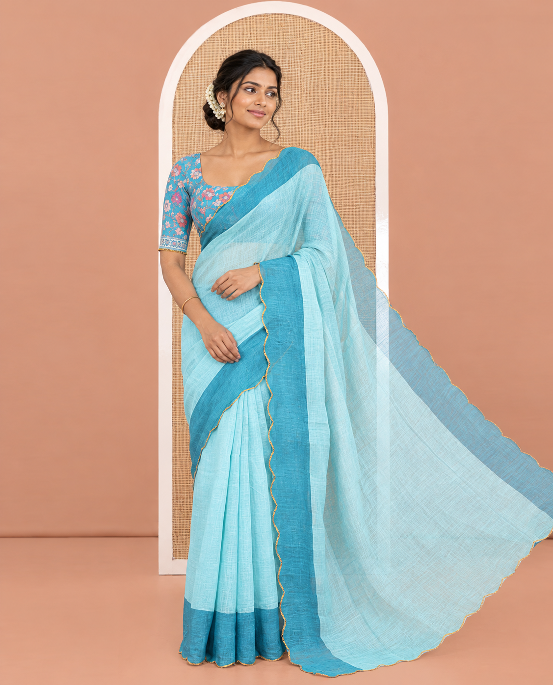 Sea Green Plain Linen Cotton Saree, Contrast Plain Scallop Border, a Self-Pallu, and Contrast Kalamkari Printed Blouse