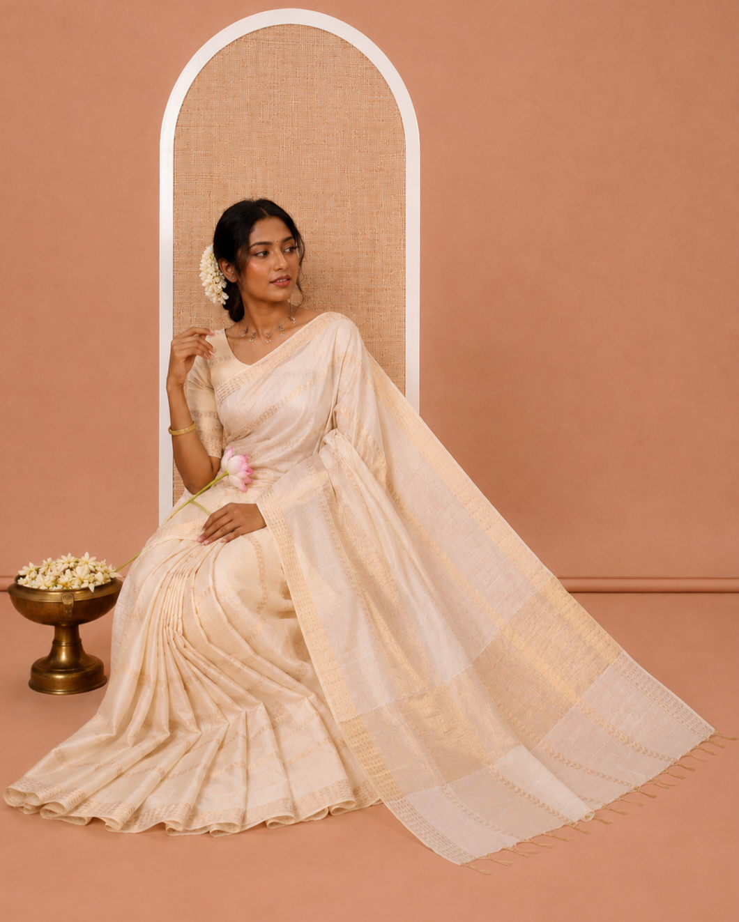 Cream Bhagalpur Cotton Saree, Gleamed Up with Zari Designs, a Subtle Zari Border, Gleaming Pallu, and a Matching Blouse