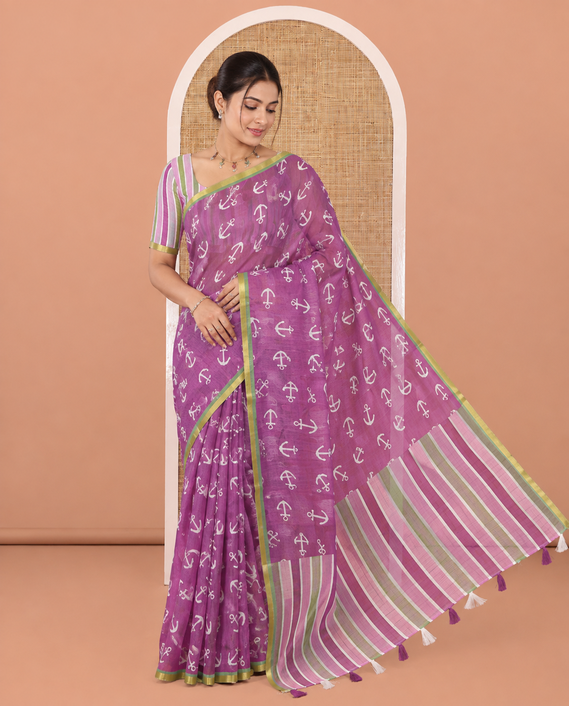 Magenta Linen Cotton Saree, Adorned with Anchor Motifs Printed on Its Body, a Subtle Contrast Piping Border, Multi-Color Striped Pallu, and Paired with a Contrast Blouse