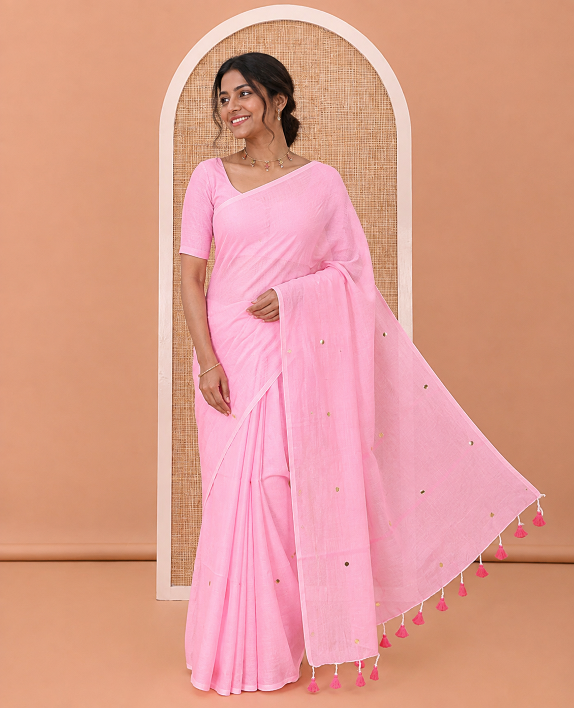 Borderless Baby Pink Mul Cotton Saree, Subtly Sparkled With Big Sequins Work On Its Body, a Self-Pallu and Paired with a Matching Blouse