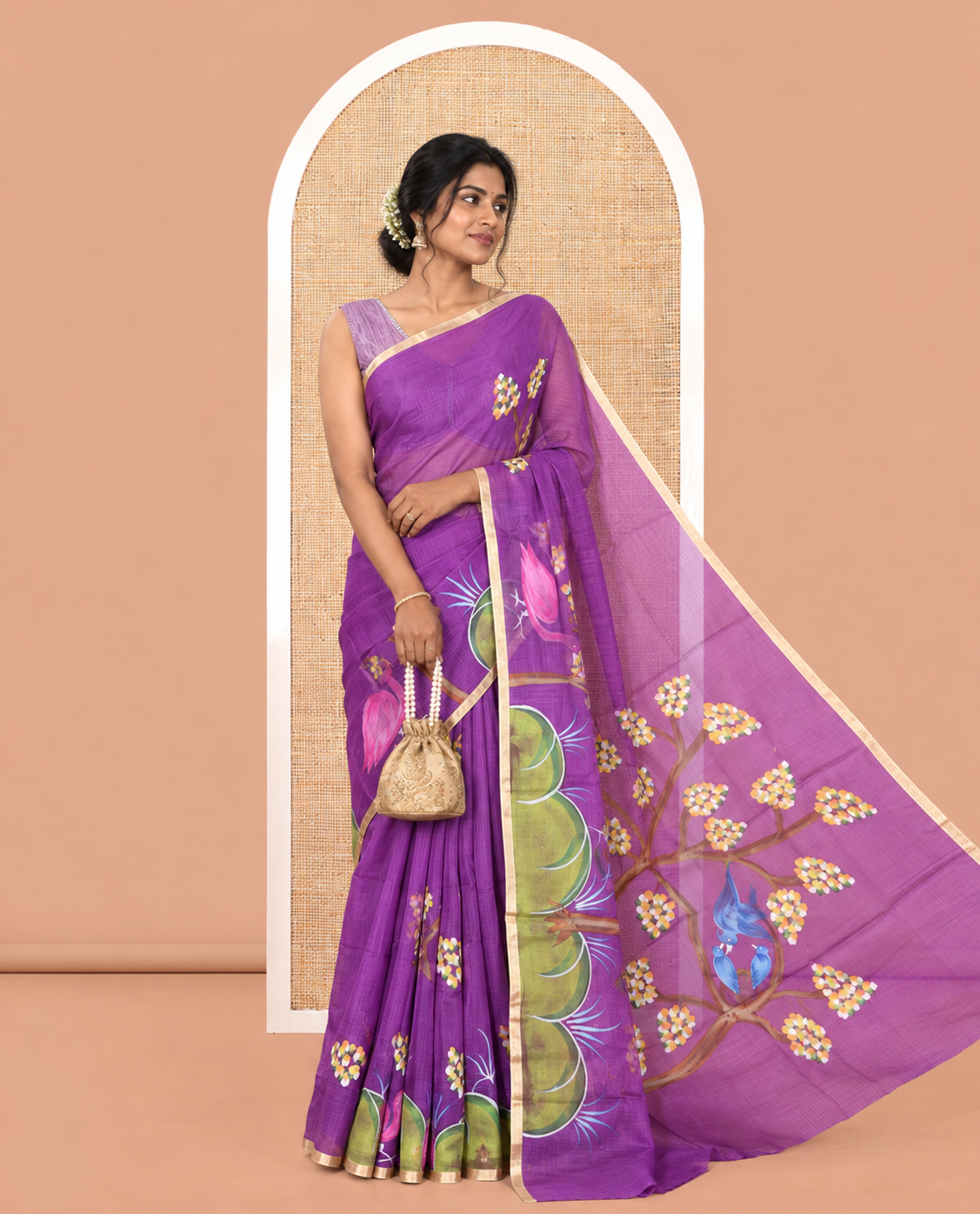 Violet Kota Chex Saree, Ornamented with Tree and Bird Print, a Piping Border, Pallu of Tree Motifs, and a Matching Blouse