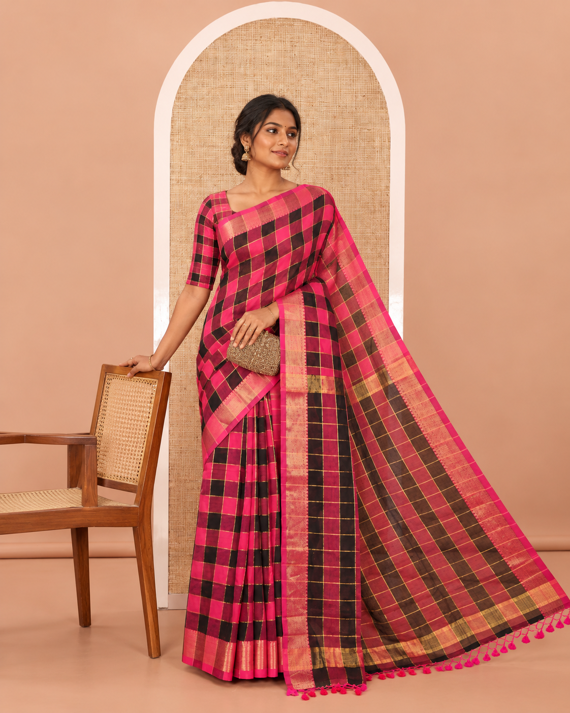 Pink Checked Khadi Mul Cotton Saree, Highlighted by Zari Traditional Border, Zari Checked Pallu, and Paired with a Matching Blouse