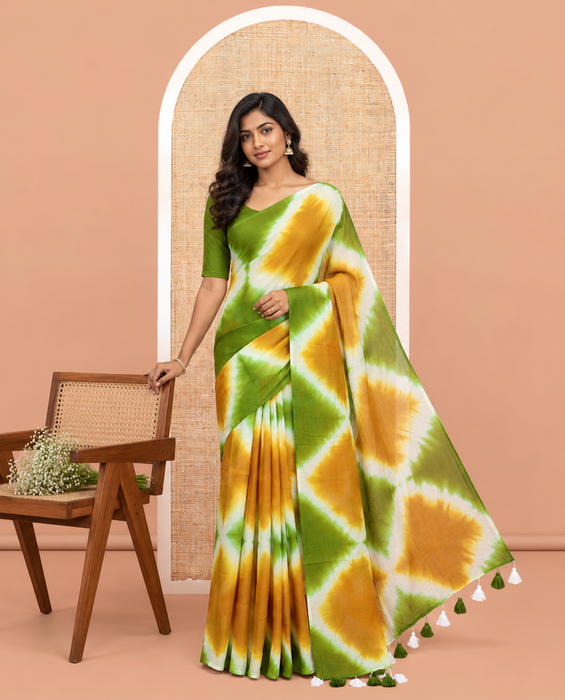Borderless Mustrad-Green Diamond Shibori Printed Khadi Mul Cotton Saree, and No Blouse