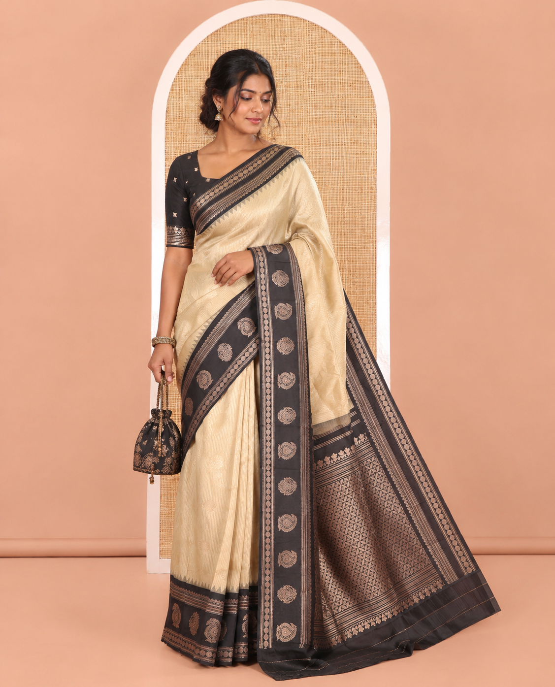 Chikku Kanchi Silk Saree, Embellished with Zari Buttas and Stripes, Contrast Traditional Zari Border, Jaal Pallu, a Contrast Blouse