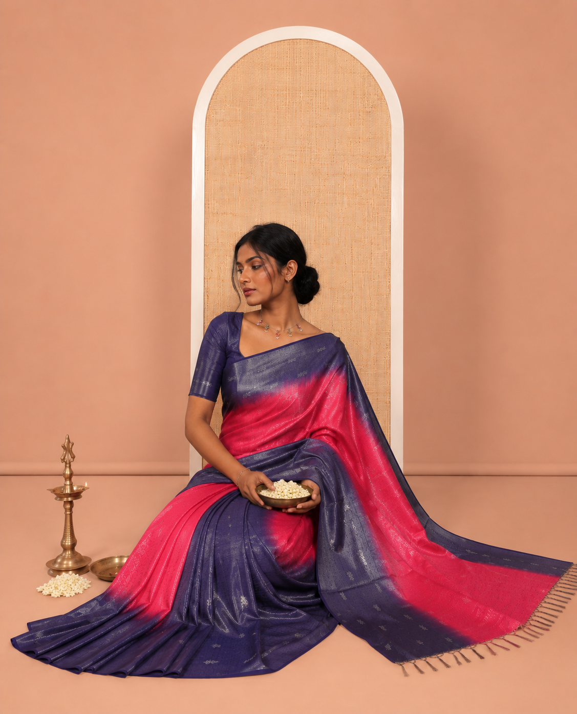 Pink Buttas Bhagalpur Cotton Saree, Contrast Buttas Border, and a Contrast Blouse