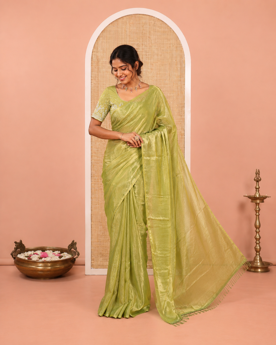 Borderless Elachi Green Plain Fendi Chiffon Saree, a Self-Pallu, and a Matching Peacock Embroidered Blouse