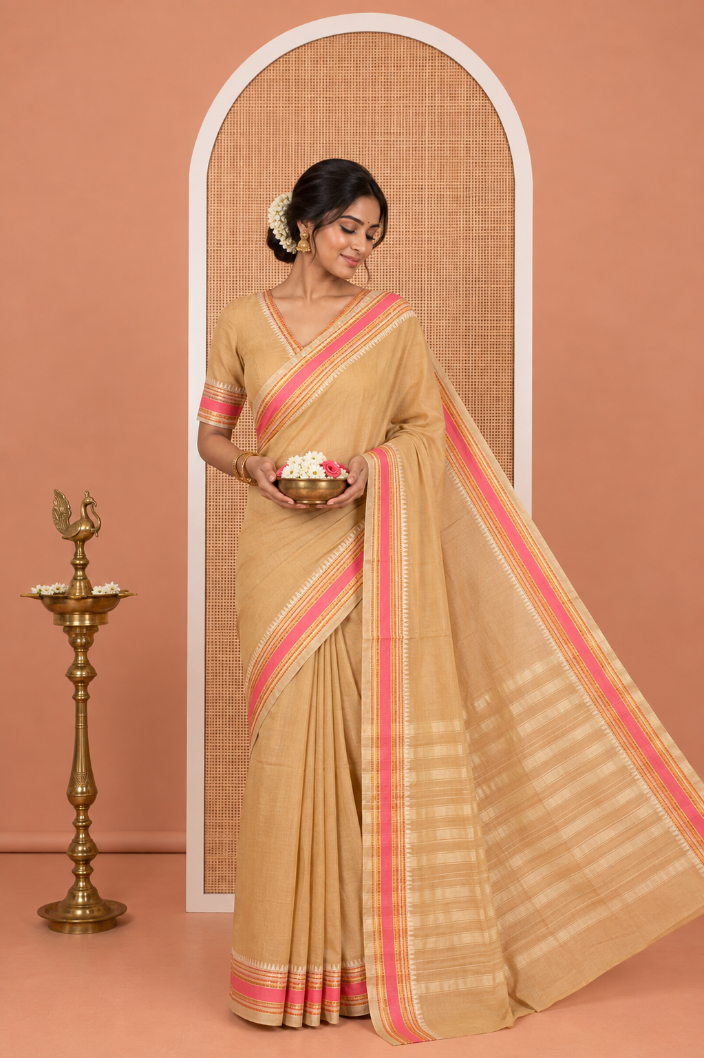 Chikku Plain Mercerised Cotton Saree, Complemented by Contrast Traditional Border, Striped Pallu, and a Matching Blouse