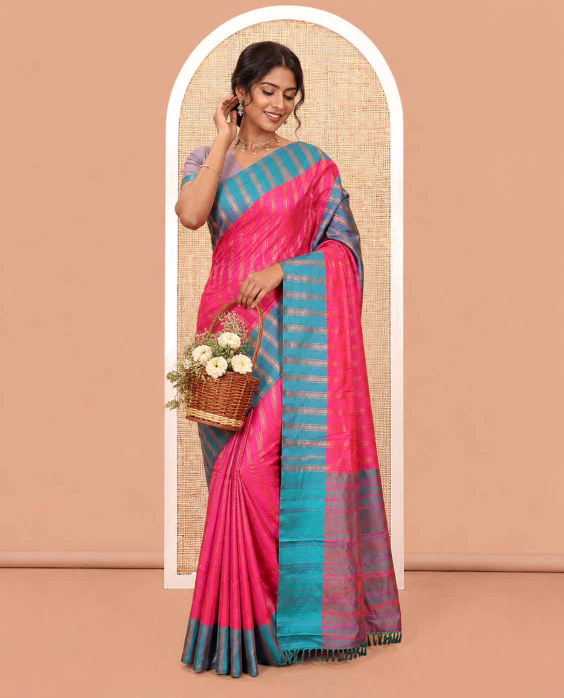 Rani Pink Semi-Soft Silk Saree, Elevated with Chevron Stripes, Complemented by a Contrast Zari Striped Border, and a Contrast Blouse