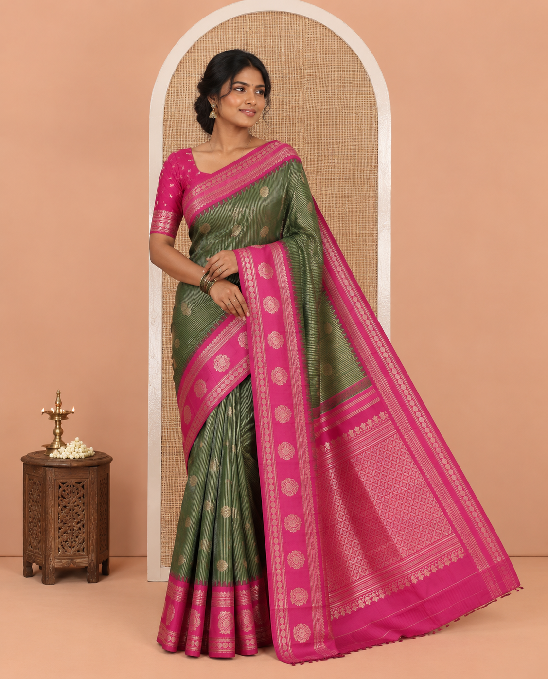 Olive Green Kanchi Silk Saree, Adorned with Zari Buttas and Stripes, Contrast Traditional Zari Border, Jaal Pallu, a Contrast Blouse
