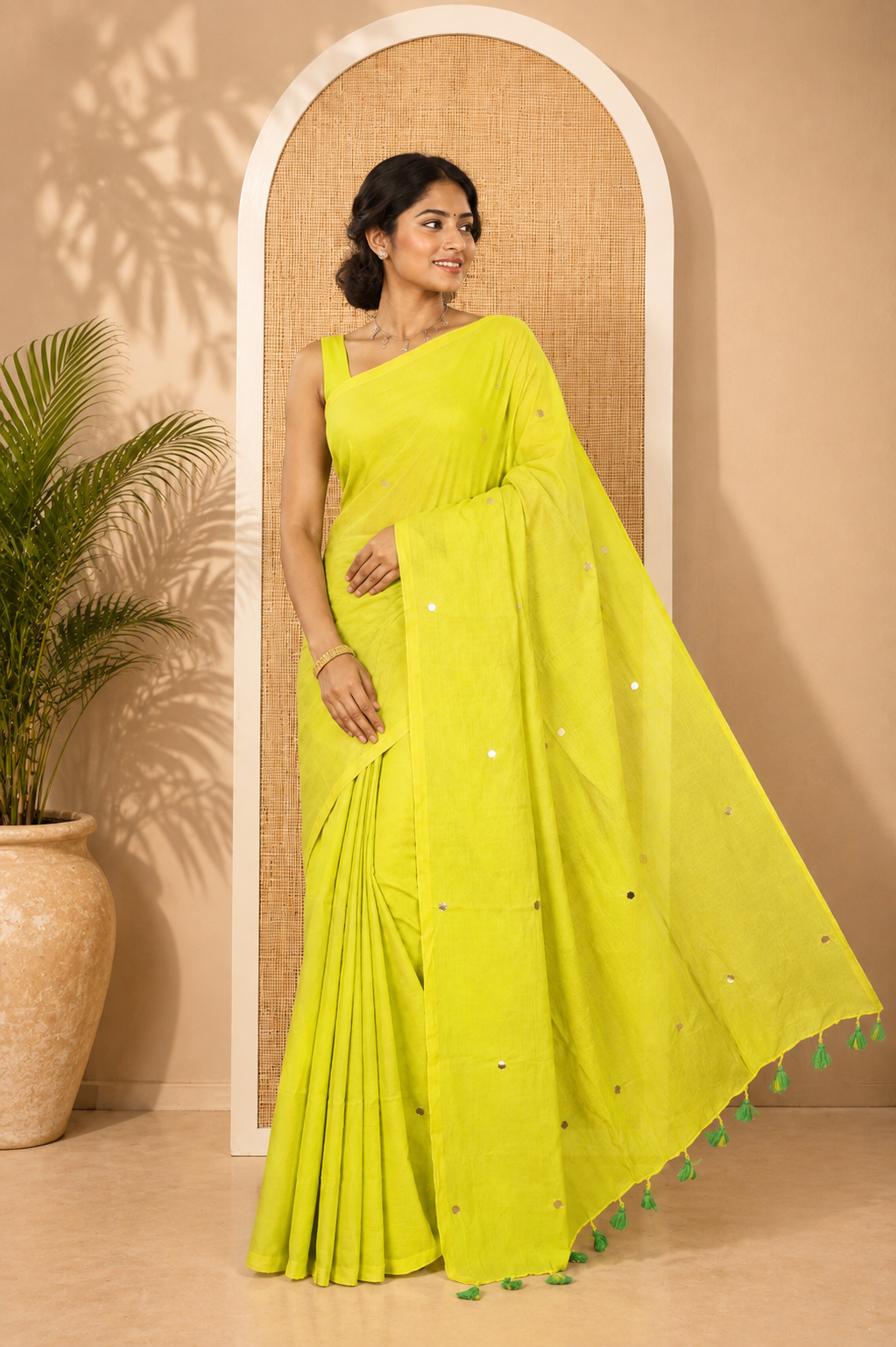 Borderless Lemon Yellow Mul Cotton Saree, Subtly Sparkled With Big Sequins Work On Its Body, a Self-Pallu and Paired with a Matching Blouse