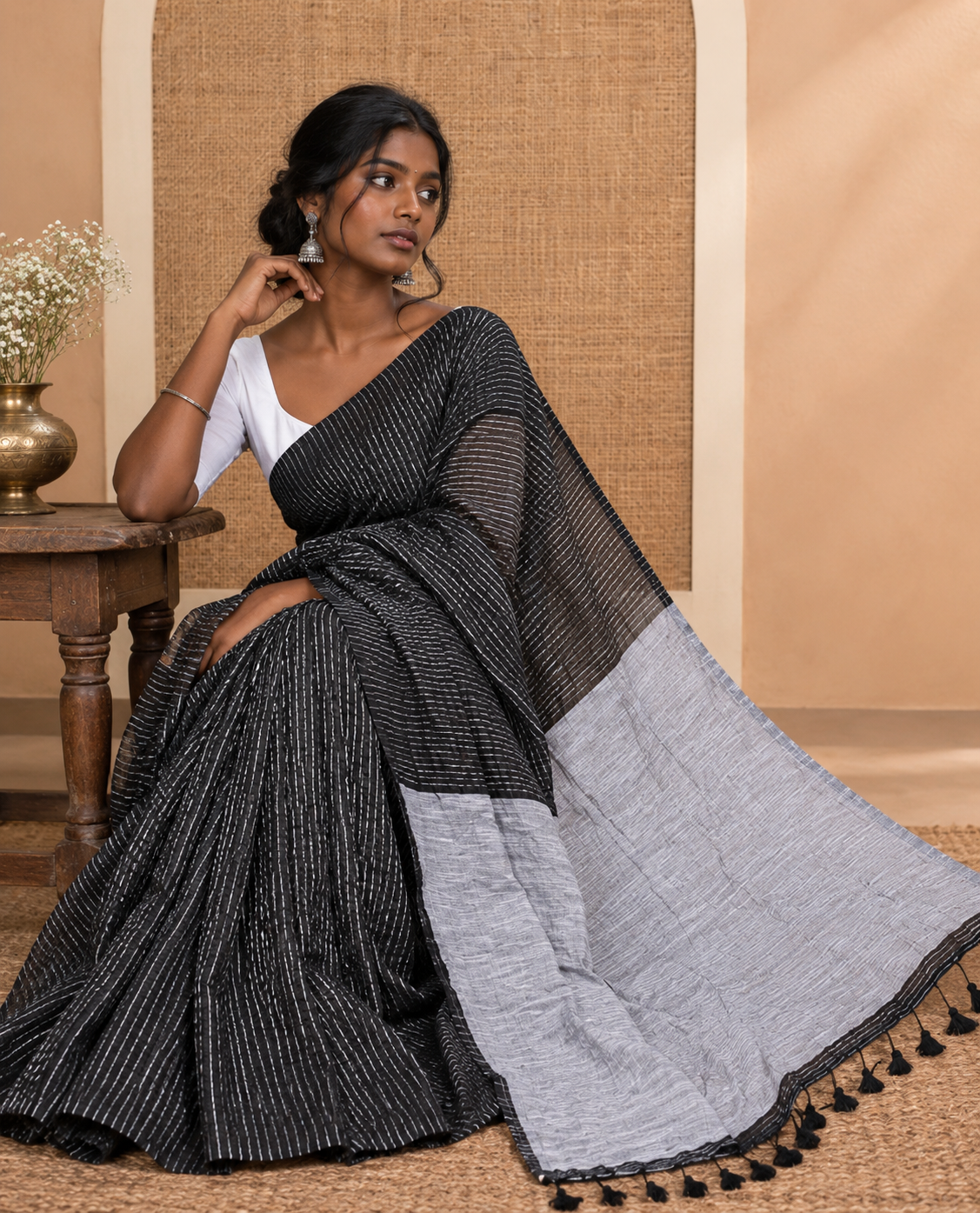 Borderless Black Zari Striped Khadi Cotton Saree, Contrast Pallu, and No Blouse